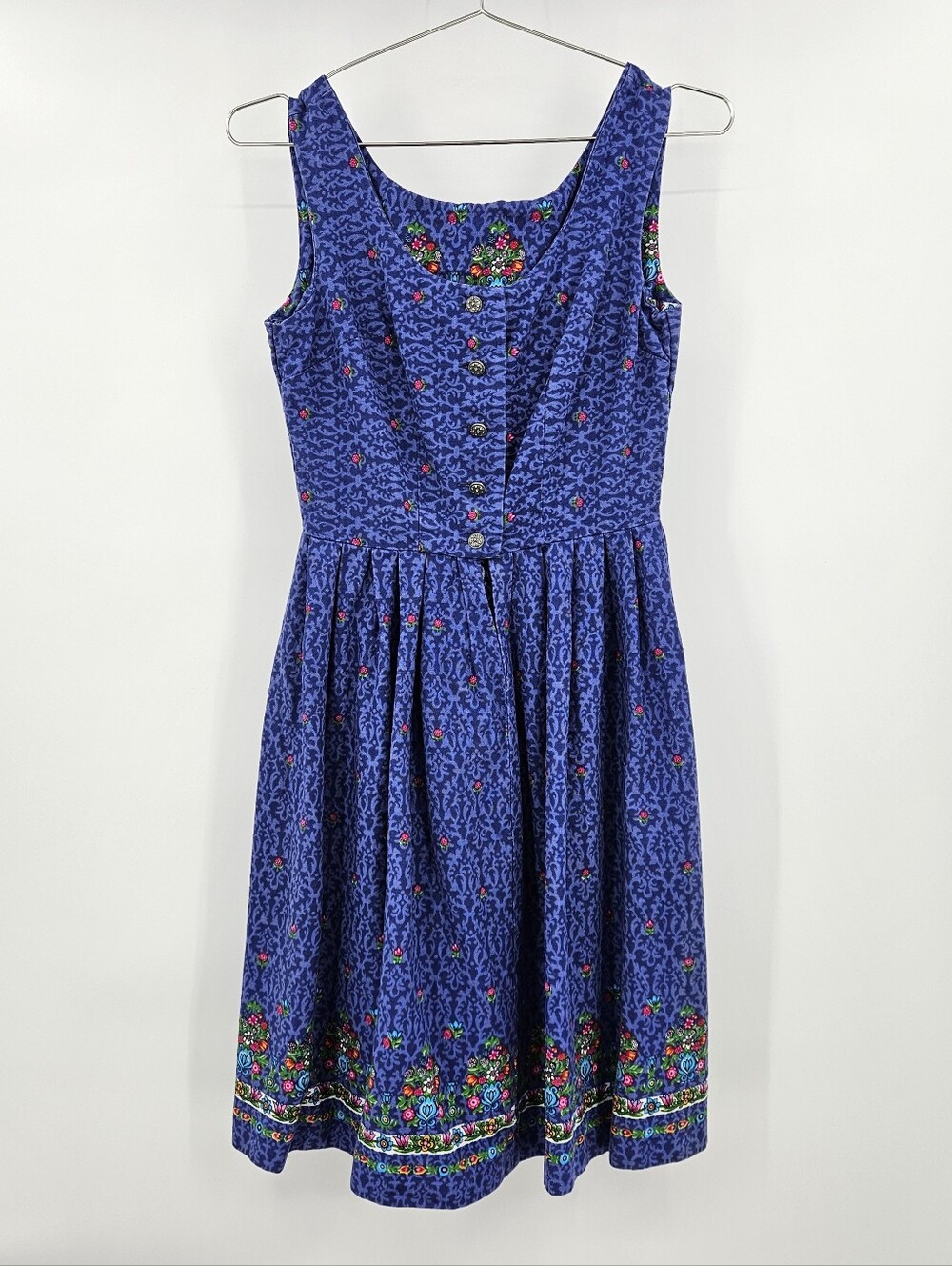 Vintage Blue Floral Sleeveless Dress Pewter Buttons XS